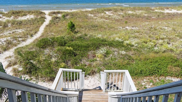 A wooden deck leading to a sandy beach with a view of the ocean. - Beachfront, Quiet shoreline ~ Flamingo Dunes (St. Joe Beach)