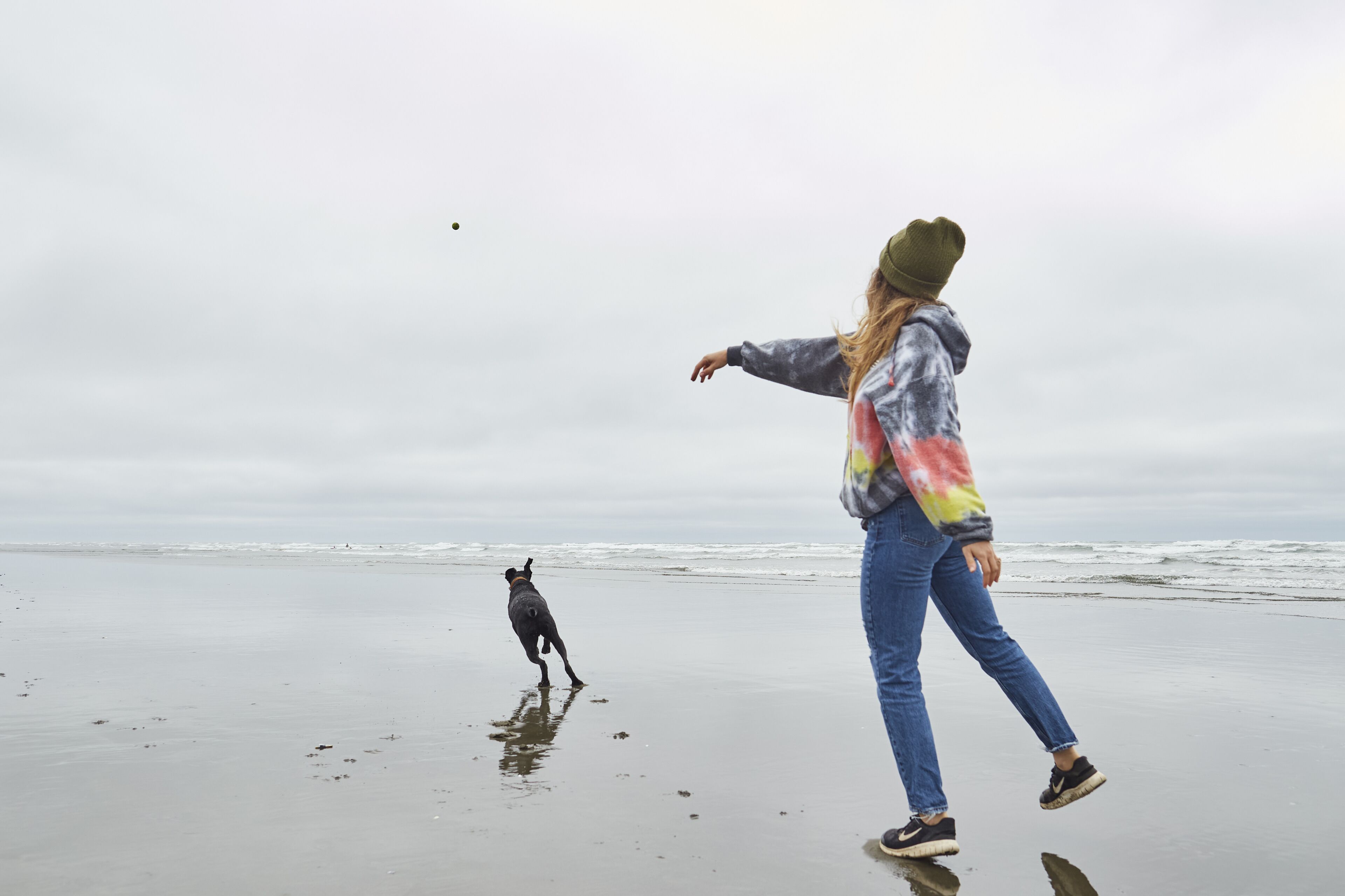 Une personne et un chien sur une plage, sous un ciel nuageux.