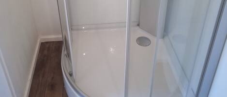 A corner shower enclosure with a glass door and a wooden floor.