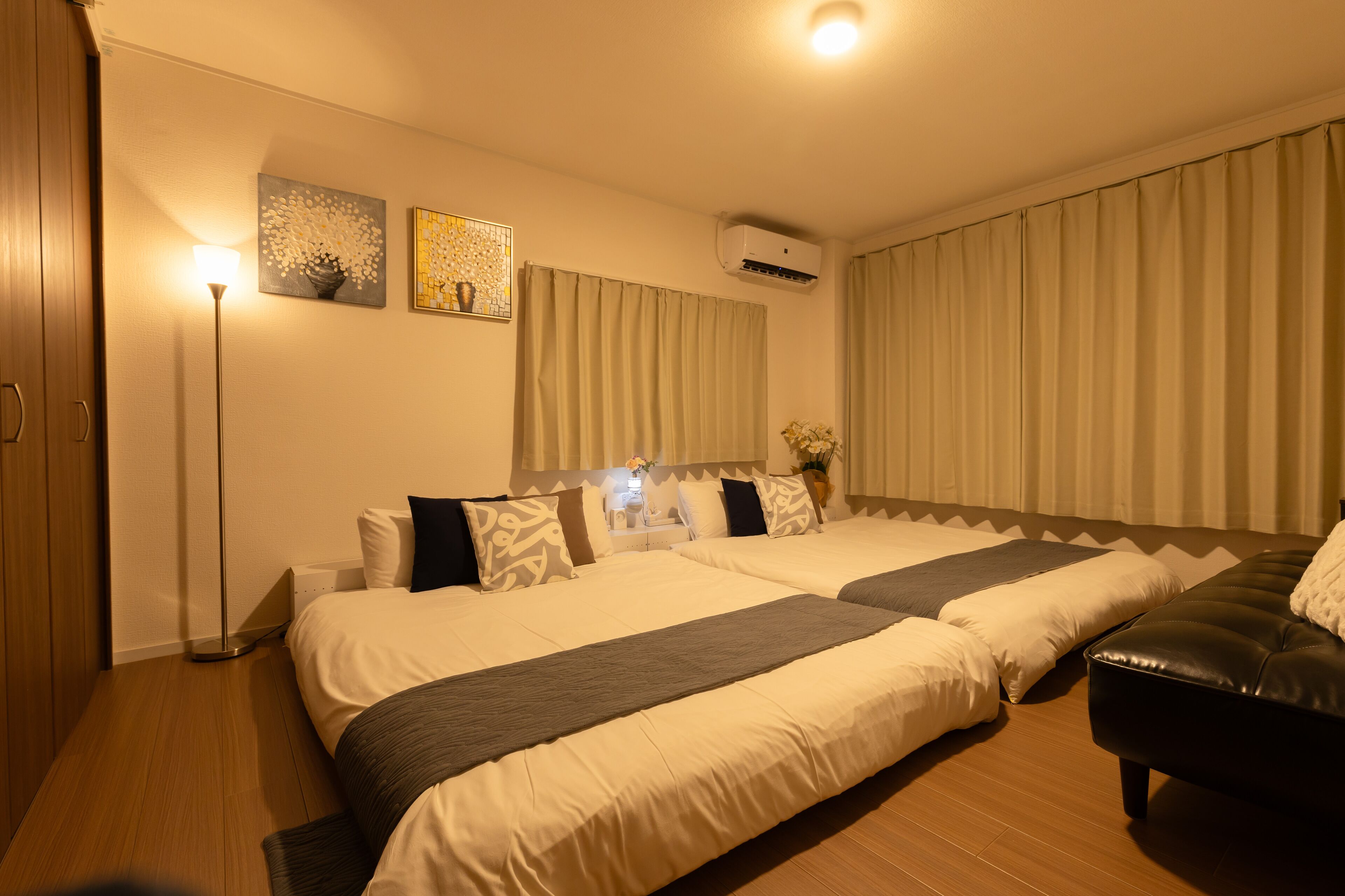 Individually decorated, desk, laptop workspace, blackout curtains