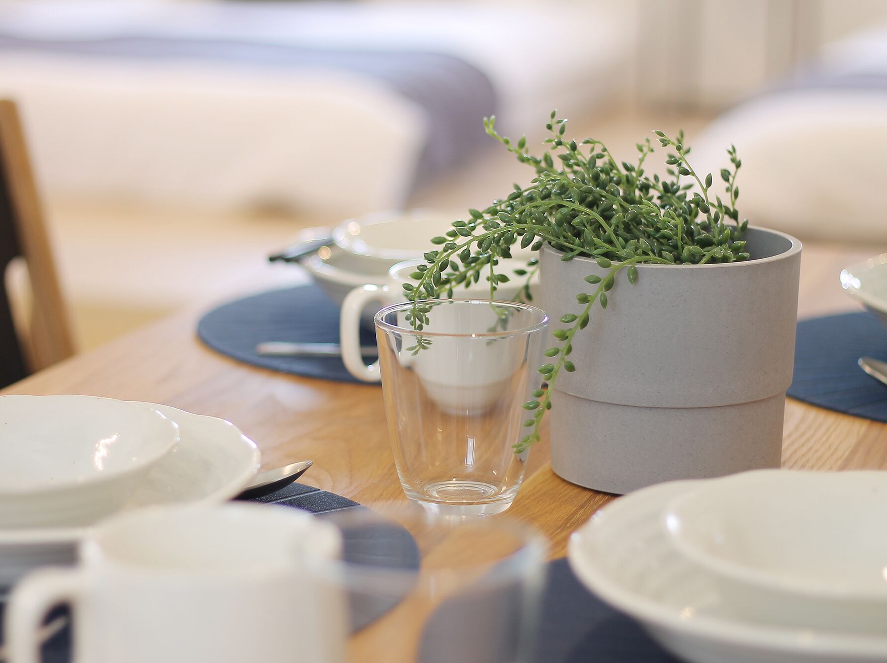 Una mesa de comedor servida con platos blancos, un vaso transparente y una taza gris con plantas verdes.