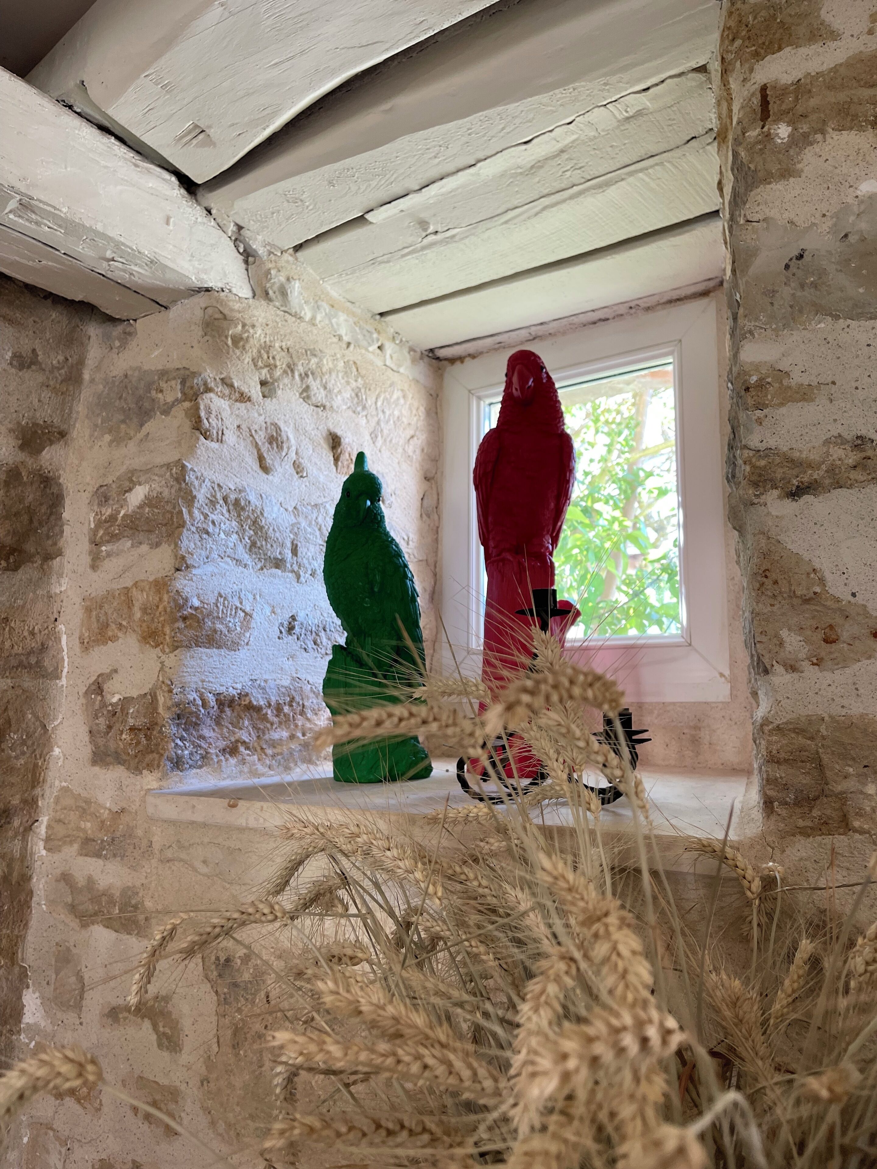 Una habitación rústica con paredes de piedra vista, un ventanal con vistas a la vegetación y dos loros posados en un alféizar.