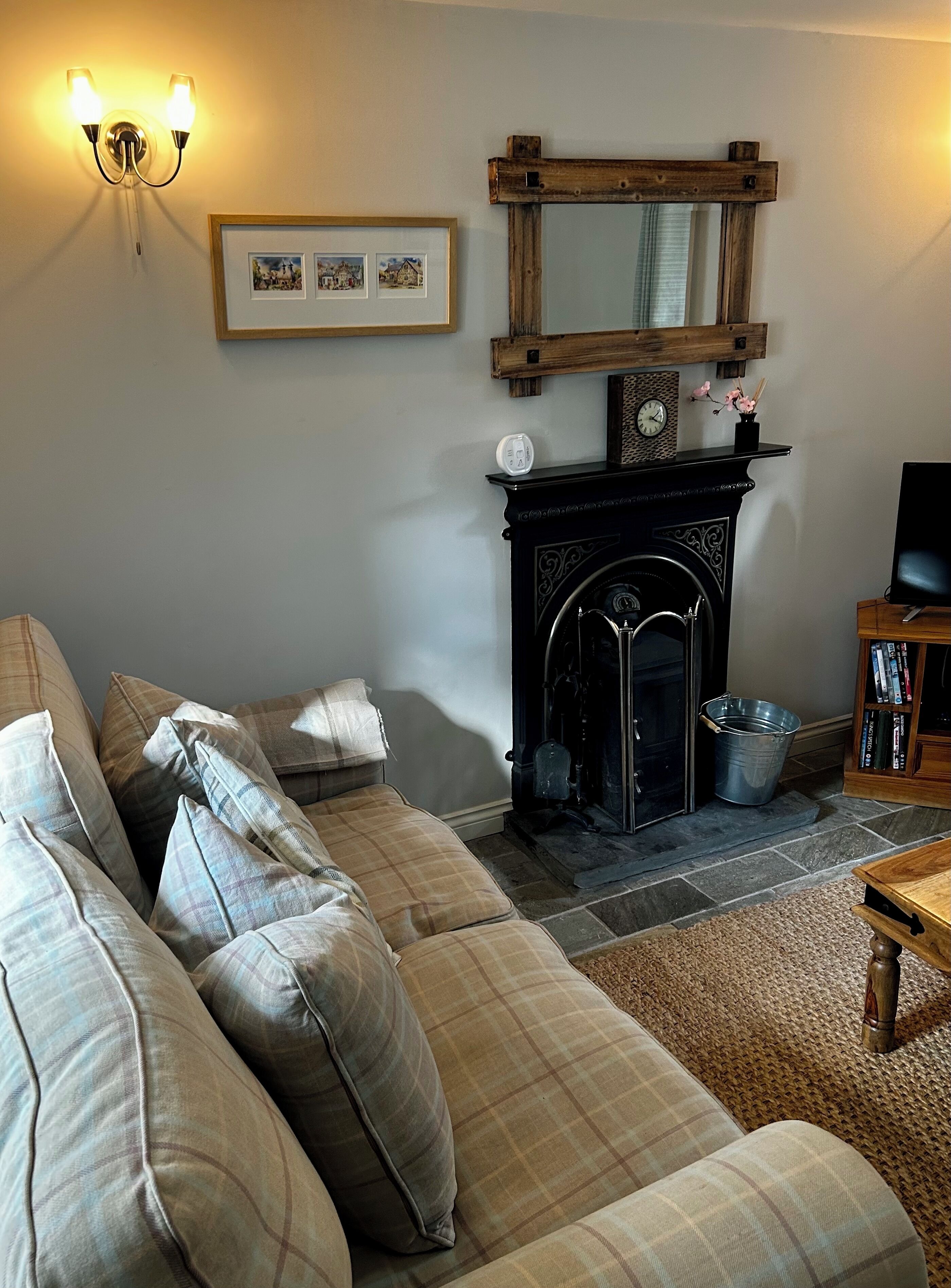 Télévision, cheminée, lecteur de DVD, livres