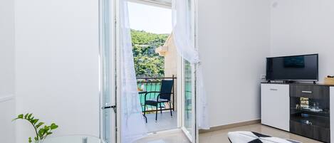 A modern room with a balcony, a TV, and a glass table with a plant.