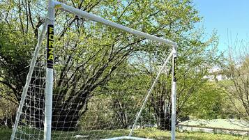 Un but de football portant la marque « FORZA » sur les poteaux, installé dans une zone herbeuse avec des arbres en arrière-plan.