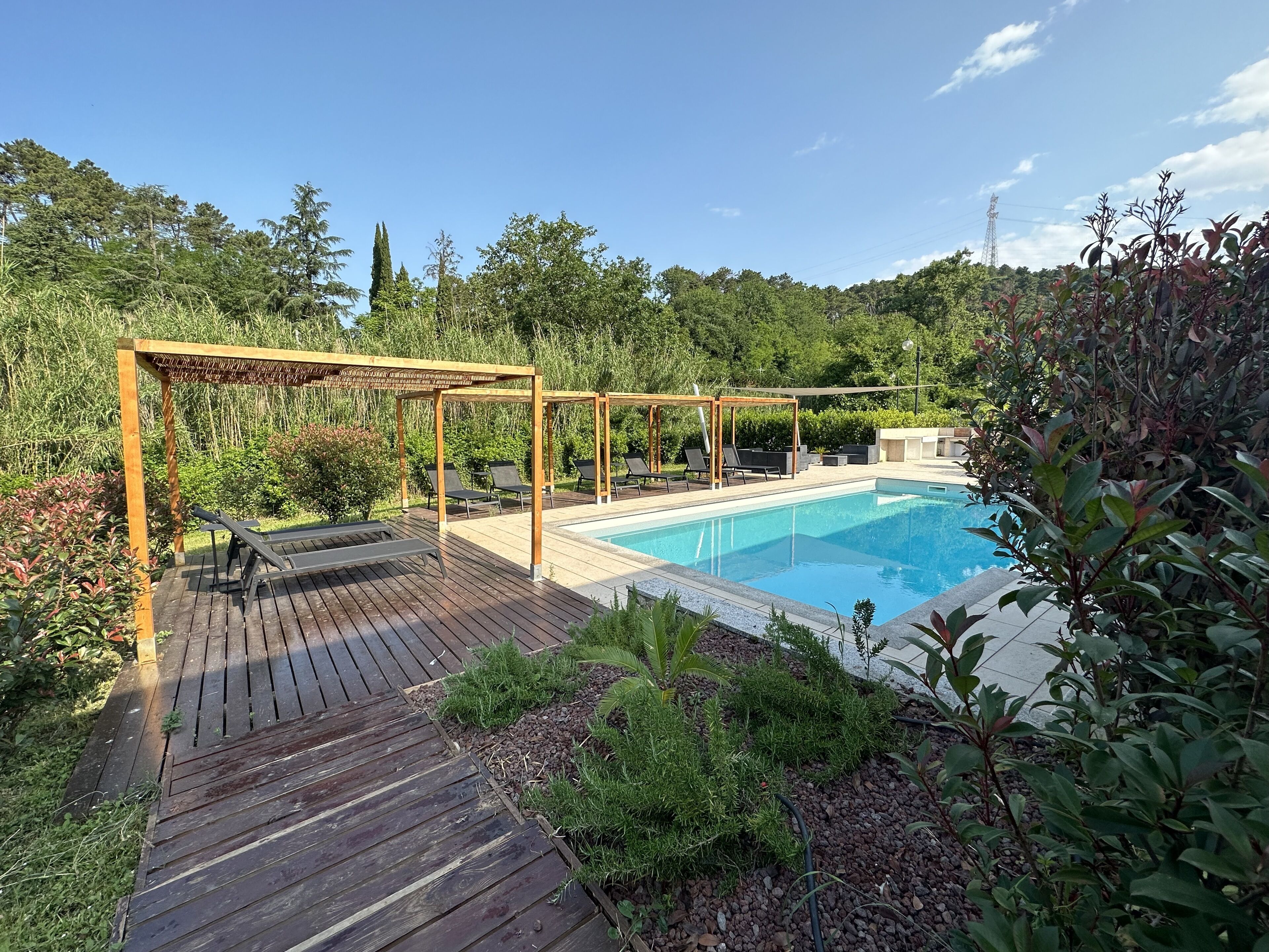 Une terrasse en bois avec une piscine, entourée d’une végétation luxuriante et agrémentée d’une pergola avec des chaises longues.