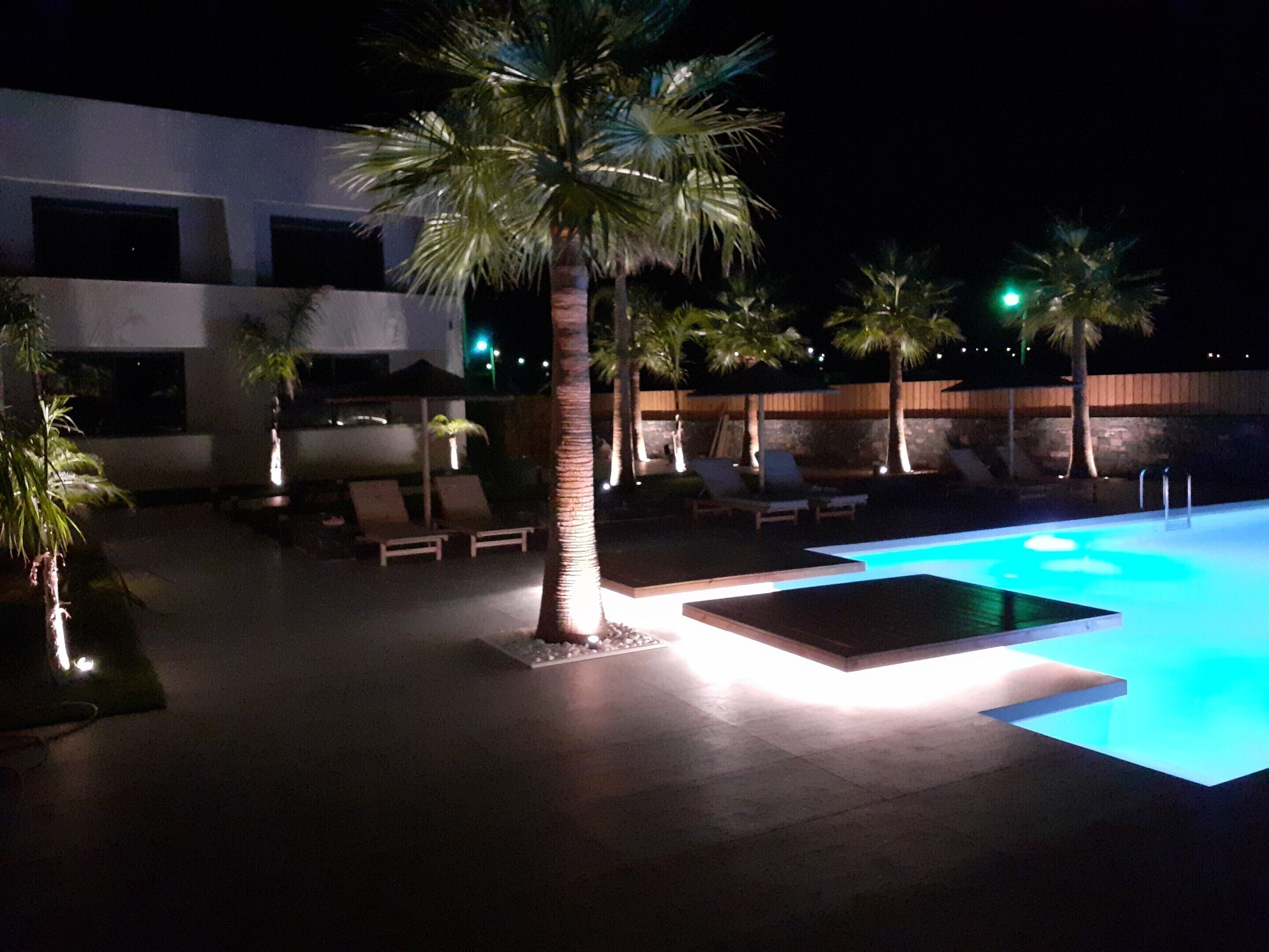 A swimming pool area with lounge chairs and palm trees.