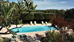 Piscina con sillas de descanso y vistas a la vegetación circundante.