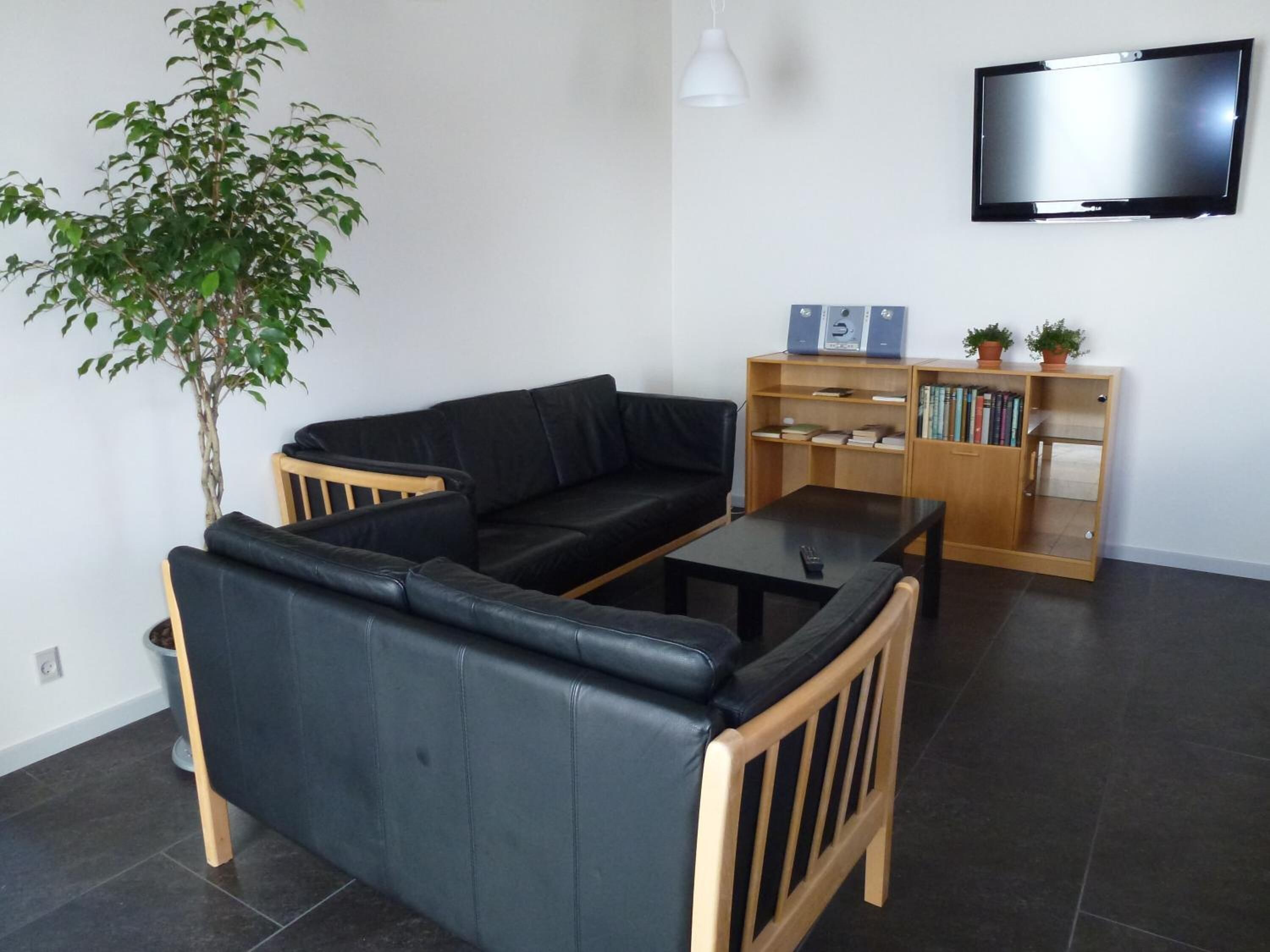 Ein Wohnzimmer mit einem schwarzen Ledersofa, einem Couchtisch aus Holz, einem Bücherregal, einer Topfpflanze und einem an der Wand befestigten Flachbildfernseher.
