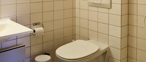 A small bathroom with a toilet, a sink, and a trash can.