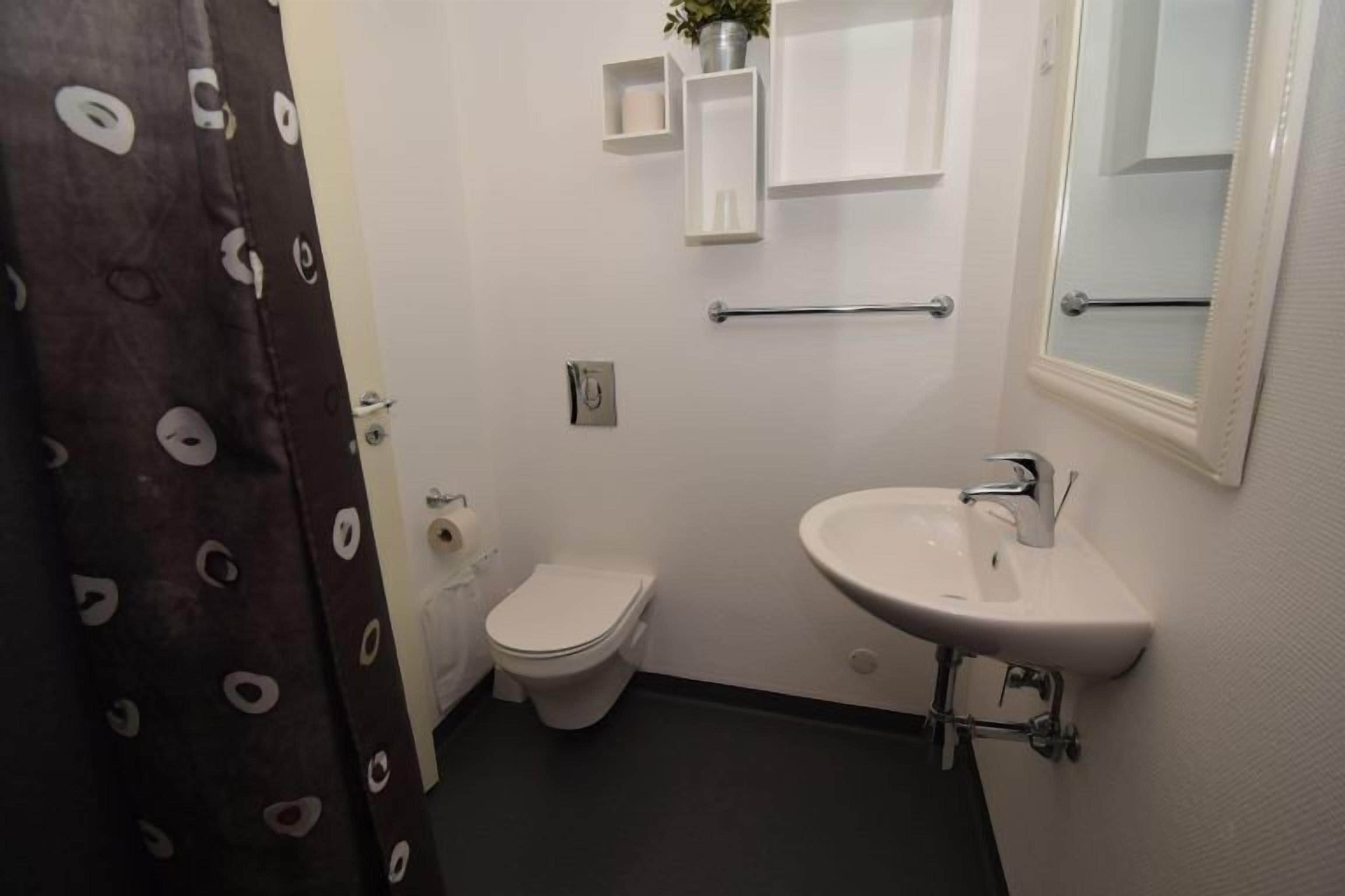 Un baño con inodoro, lavamanos y espejo. Hay estantes blancos sobre el lavamanos y una planta en uno de ellos.