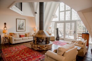 Smart TV, fireplace, books