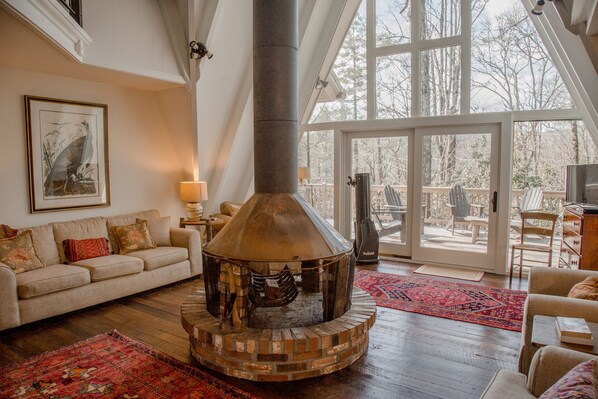 TV connectée, cheminée, livres