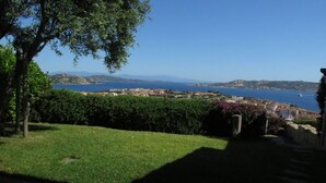 A view of a coastal town with a grassy area, a tree, and a stone wall.