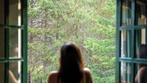 A view through a window with a person standing inside, looking out at a dense forest. - Castelo Piazzale by Concavus (Campos do Jordão)