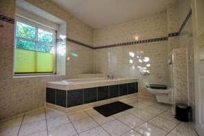 Combinazione doccia/vasca, asciugacapelli, asciugamani, sapone