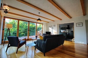 TV, fireplace, ping pong, books