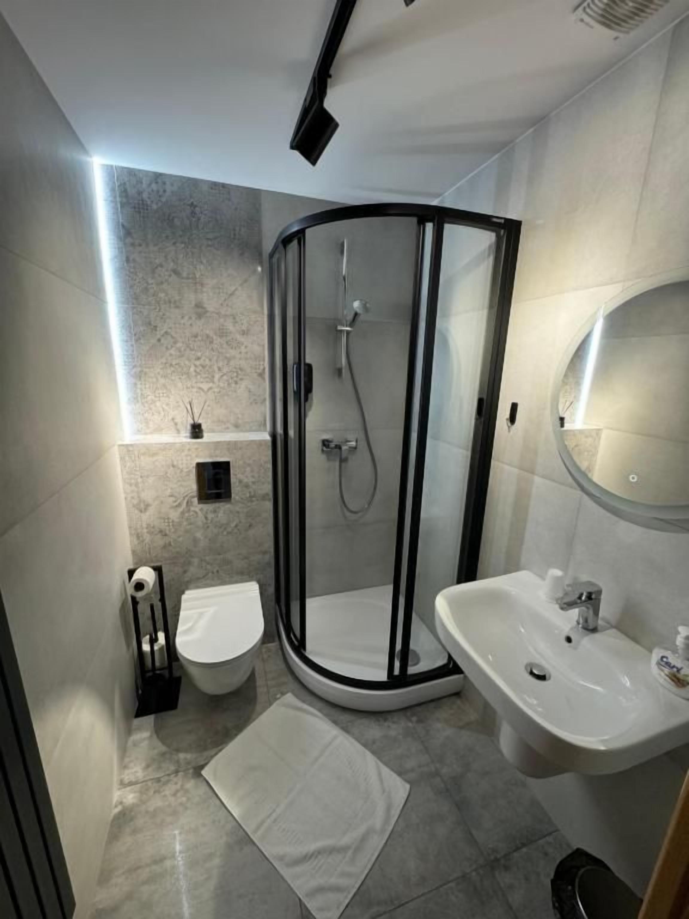 A modern bathroom with a glass-enclosed shower, a toilet, a sink, and a mirror.
