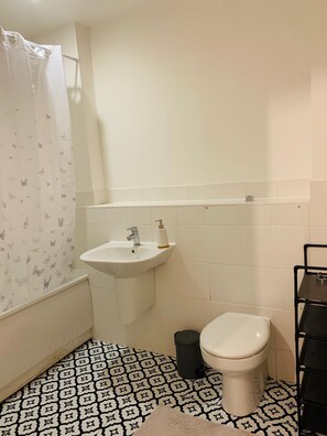 Combined shower/tub, hair dryer, towels, soap