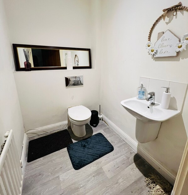 Combined shower/tub, hair dryer, towels, soap