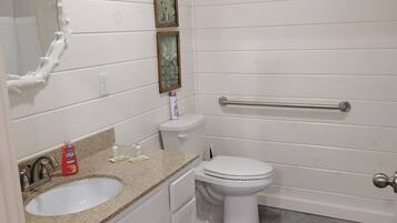 Hair dryer, towels, soap, shampoo