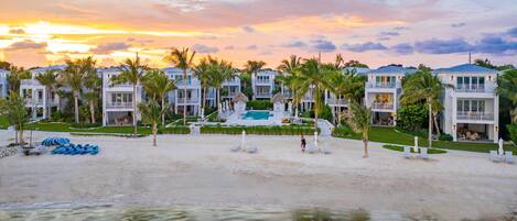 On the beach, sun-loungers, beach umbrellas, beach towels