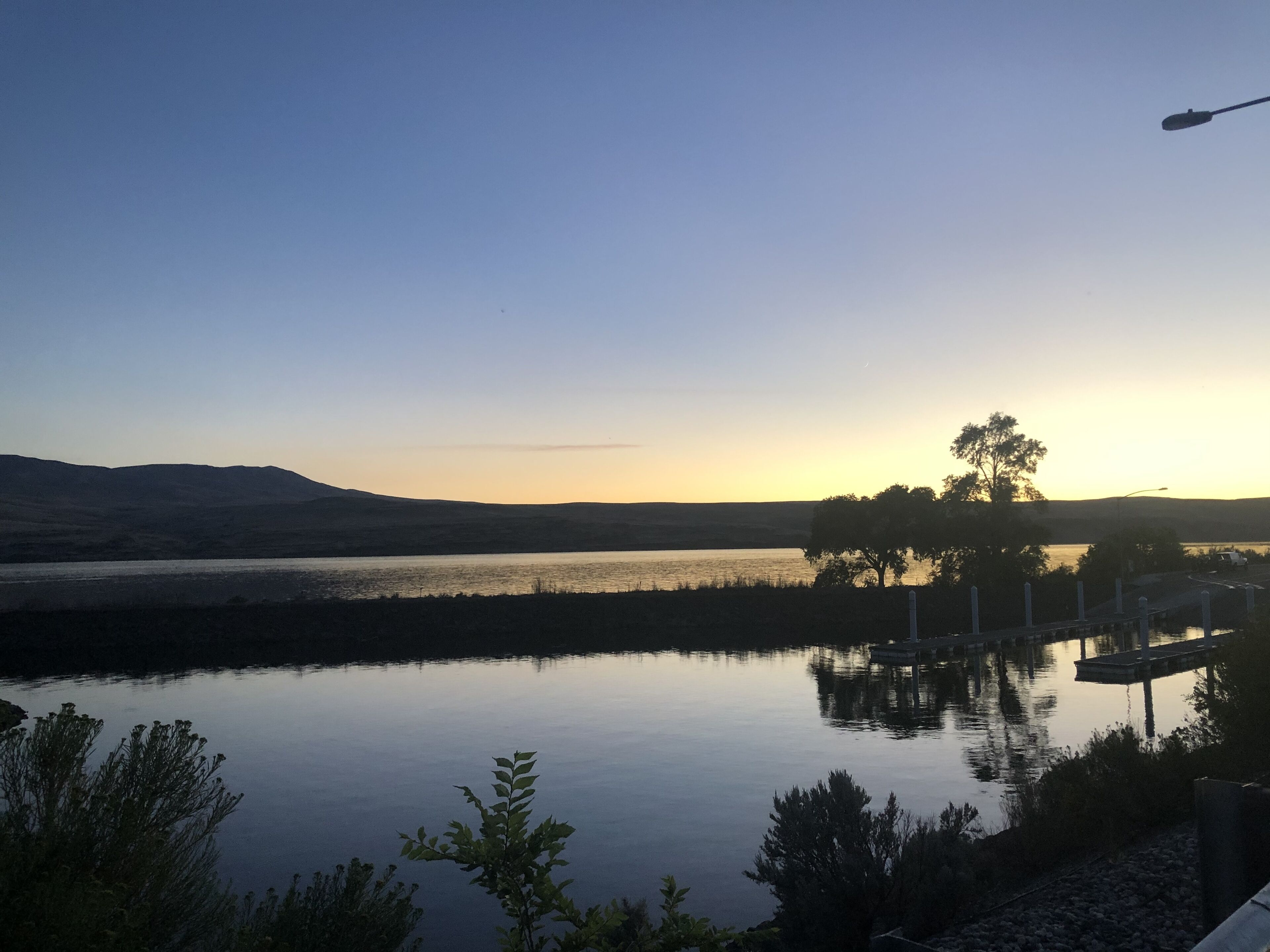 A calm lake with a dock and a tree in the foreground.