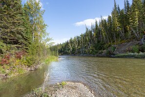 A river surrounded by dense forest. - Log cabin on the James River in Alberta (James River Bridge)