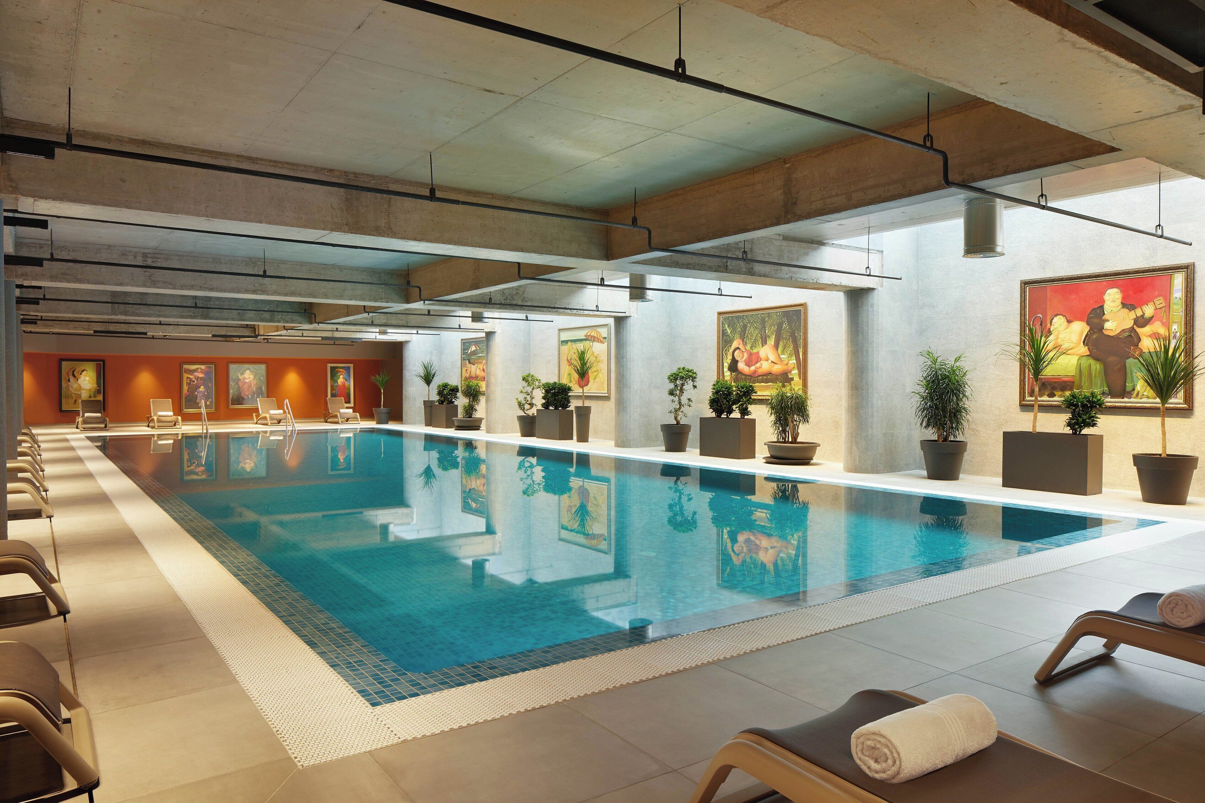 Ein großer, überdachter Swimmingpool mit Liegestühlen und Kübelpflanzen am Rand.