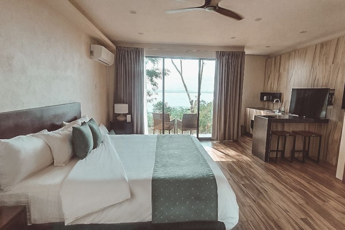 A hotel room with a bed, a desk with a chair, a television, and a view of the outdoors.
