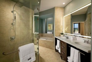 Combined shower/bathtub, hair dryer, towels, soap