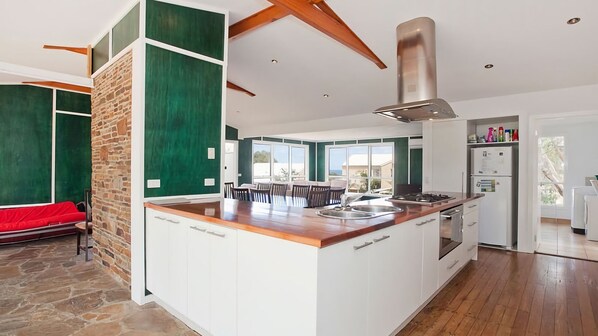 Fridge, microwave, oven, cookware/dishes/utensils