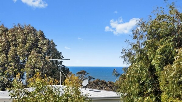 A residential area with a view of the ocean, surrounded by dense foliage and a satellite dish.