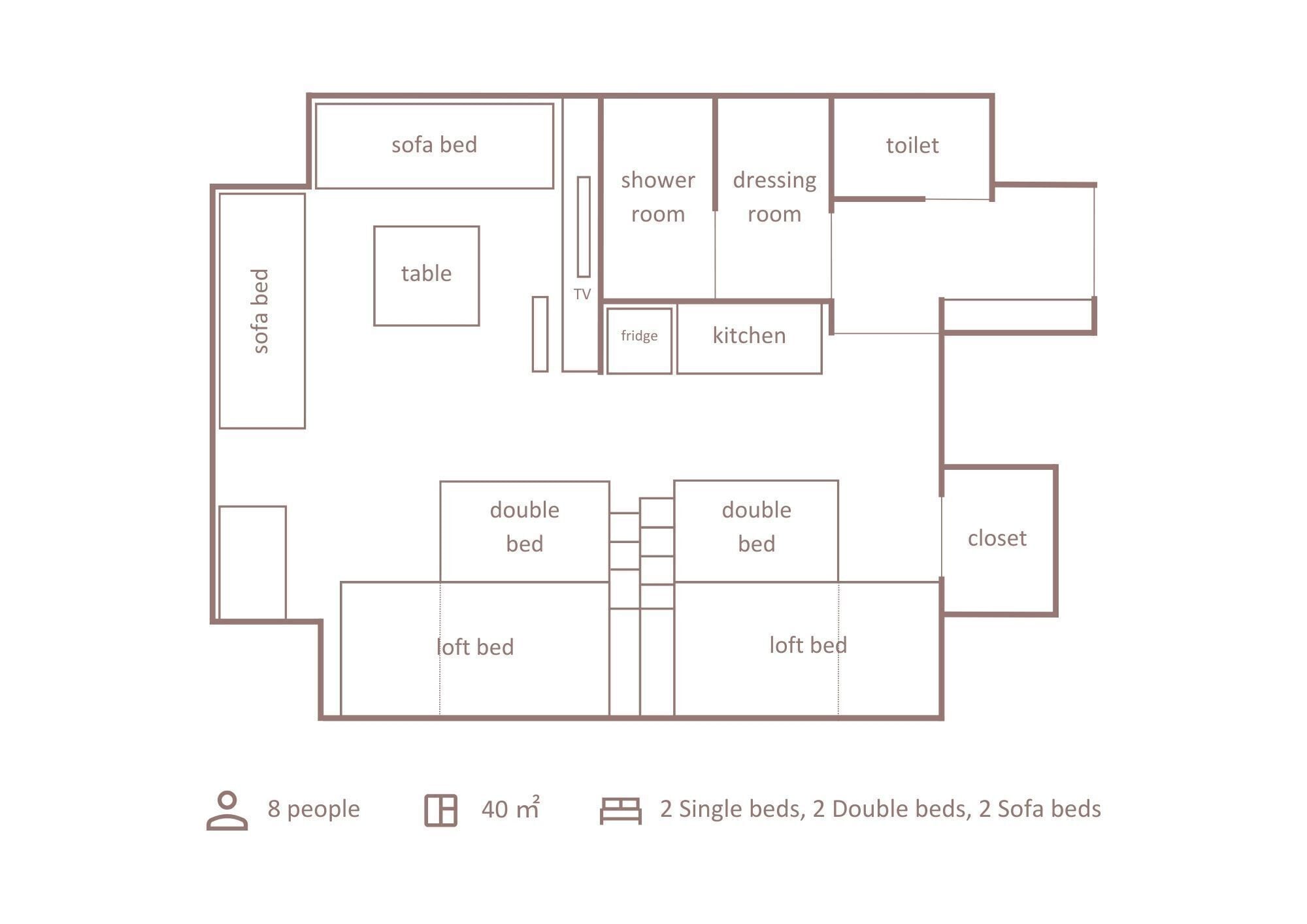 A floor plan of a 40 m² apartment with 8 people accommodation, including 2 single beds, 2 double beds, 2 sofa beds, a kitchen, a dining area, a shower room, a dressing room, and a toilet.