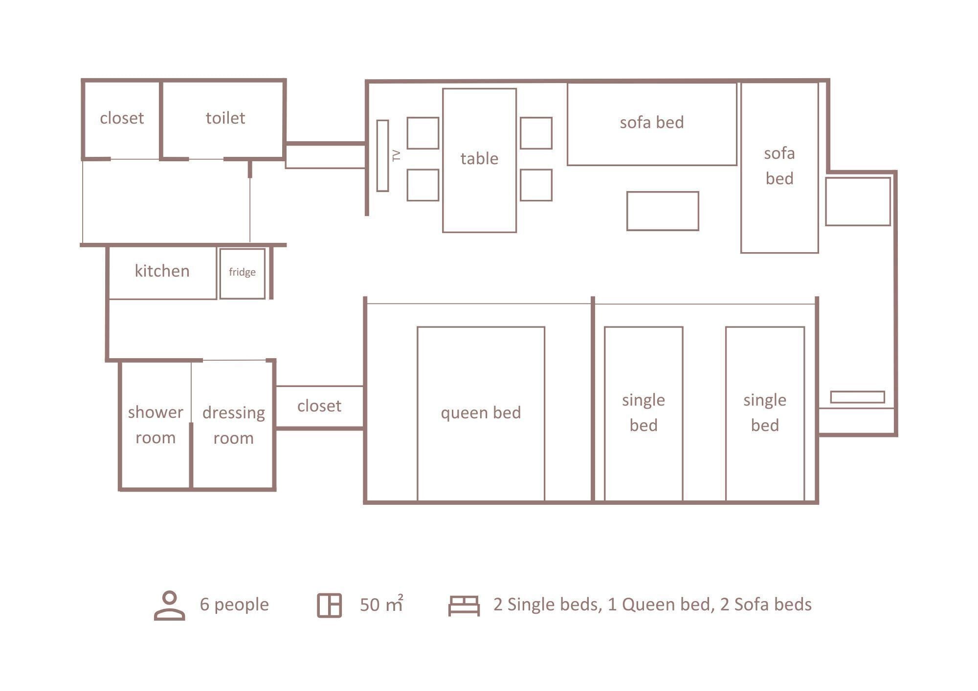 A floor plan of a 50 m² apartment with 6 people accommodation, including 2 single beds, 1 queen bed, and 2 sofa beds.
