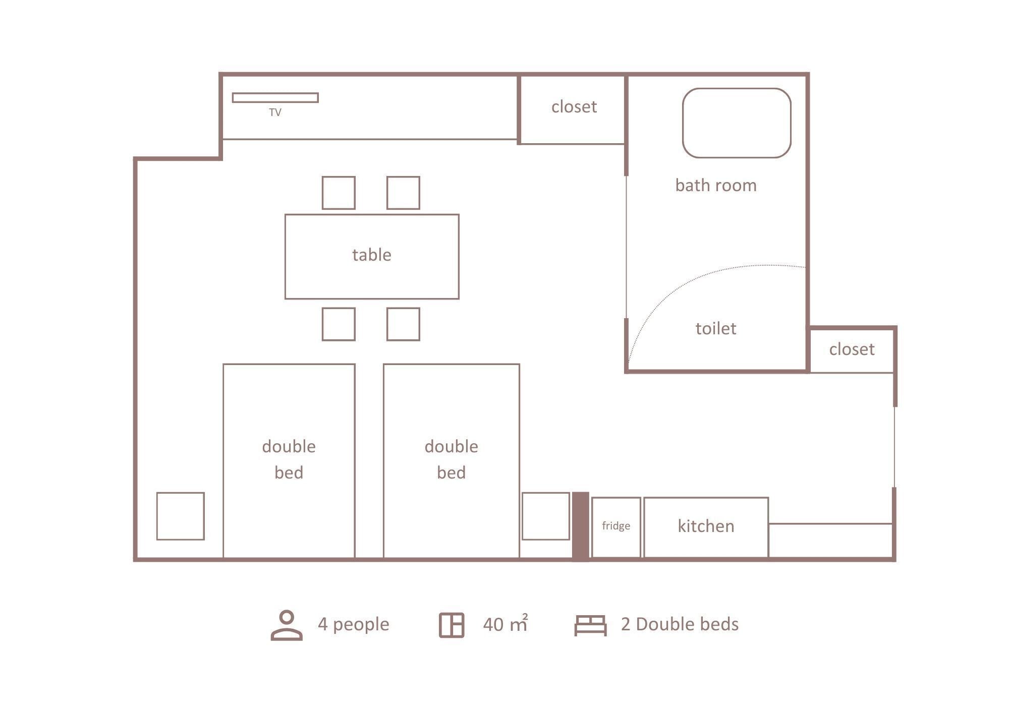 A 40 m² apartment layout with 2 double beds, a table, a TV, a bathroom, a kitchen, and a closet.