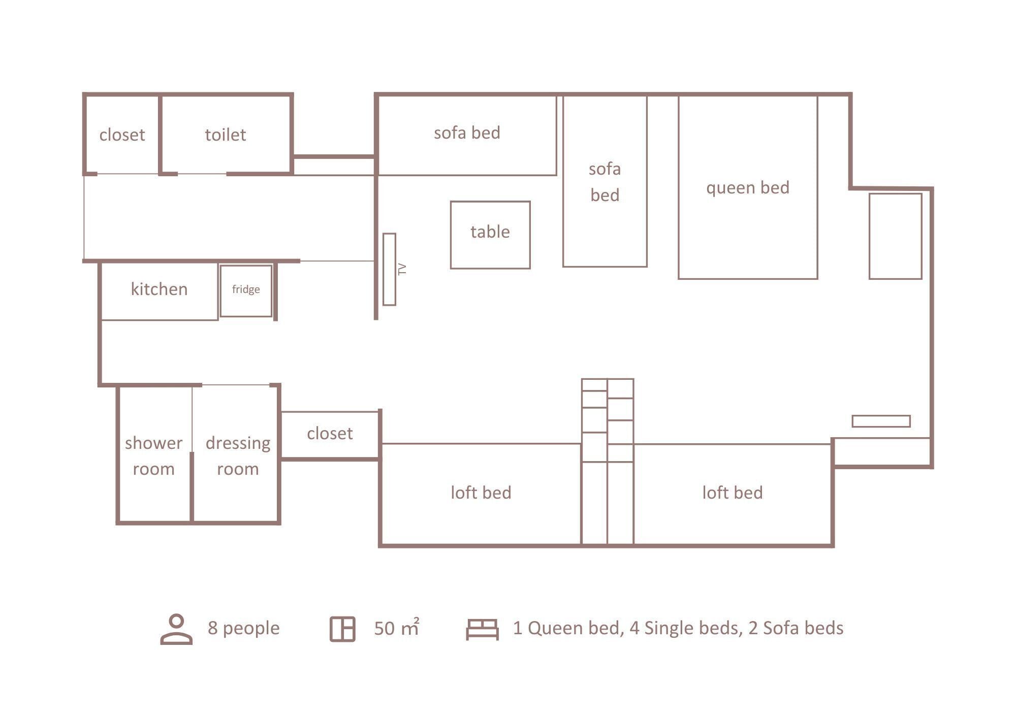 A floor plan of a 50 m² apartment with 8 people capacity, including 1 queen bed, 4 single beds, and 2 sofa beds.