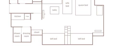 A floor plan of a 50 m² apartment with 8 people capacity, including 1 queen bed, 4 single beds, and 2 sofa beds.