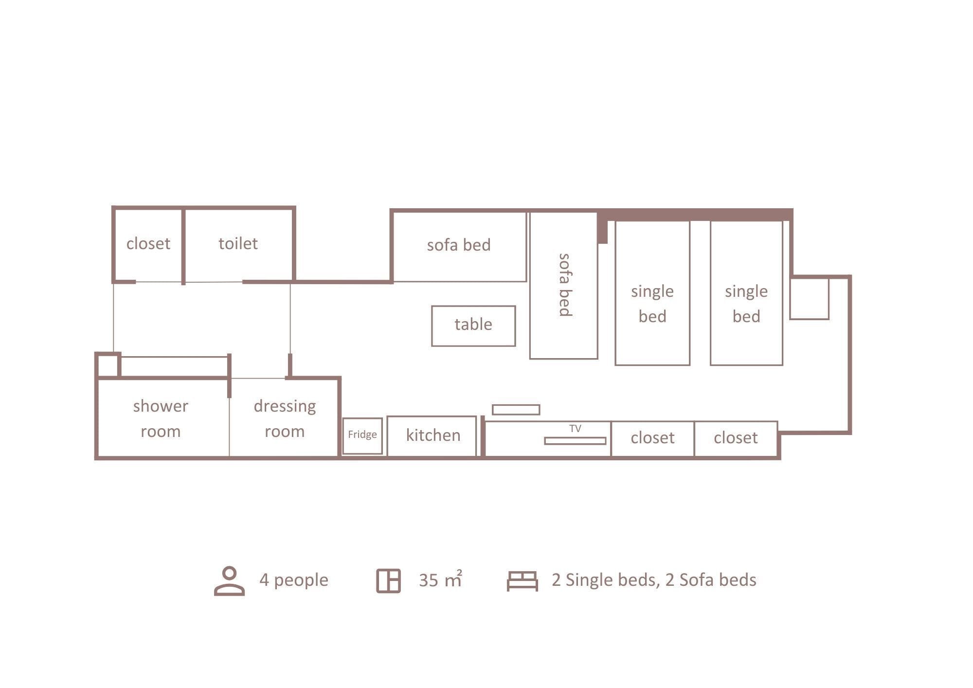 Plànol d'un apartament de 35 m² amb capacitat per a 4 persones, incloent 2 llits individuals i 2 sofàs llit.