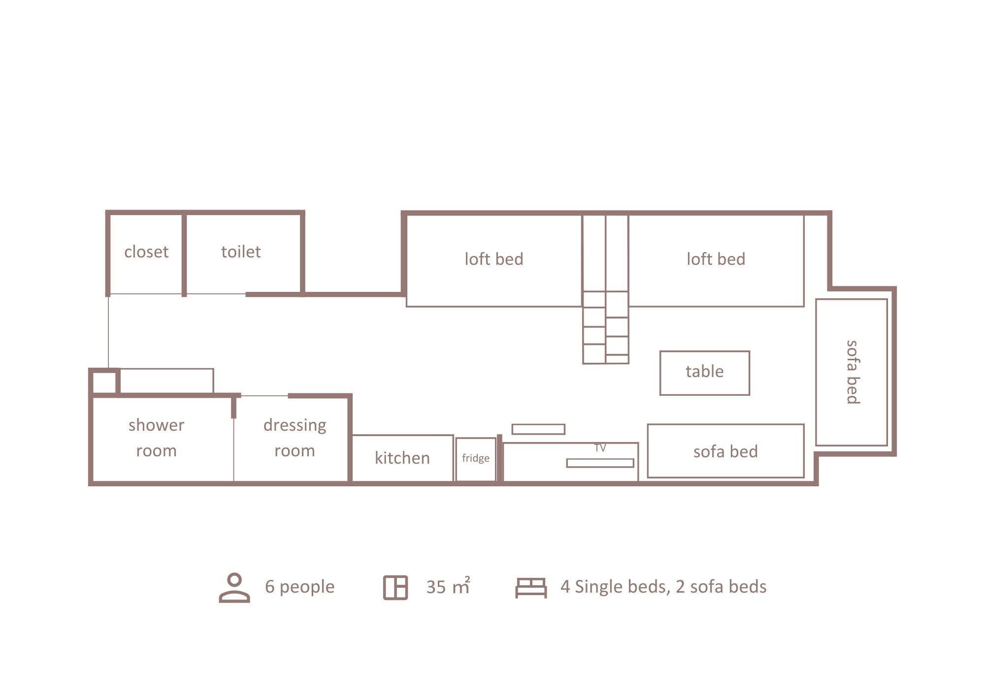 A floor plan of a 35 m² apartment with 6 people capacity, including 4 single beds and 2 sofa beds.