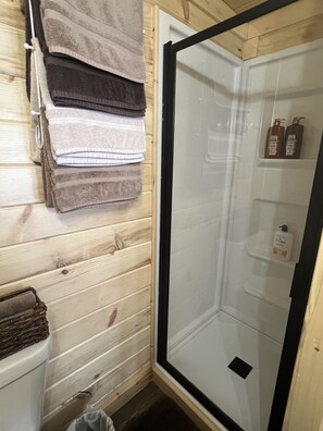 Combined shower/tub, hair dryer, towels, soap