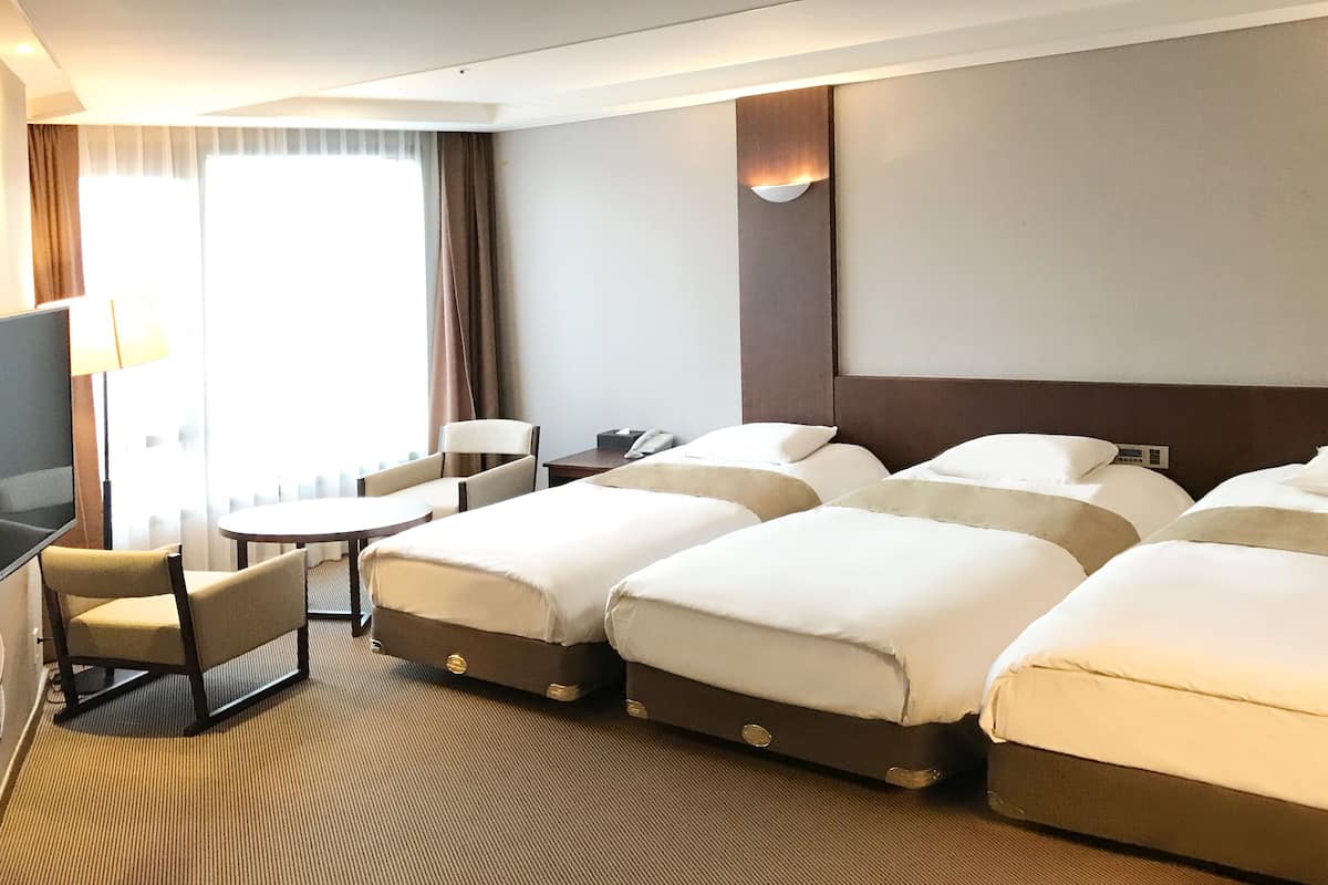 A hotel room with a large bed, a desk, a chair, a TV, and a window with curtains.