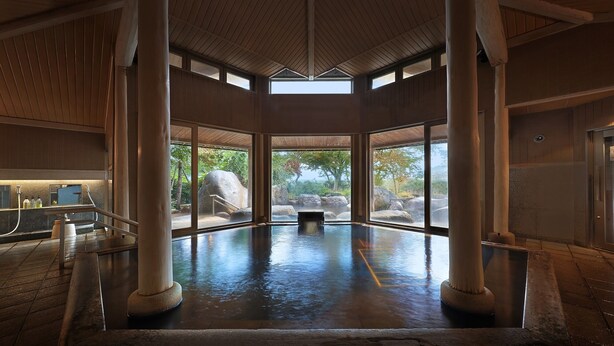Una amplia piscina interior con vistas a un paisaje natural a través de grandes ventanales.