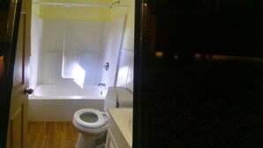 Une salle de bain équipée d’une baignoire, de toilettes et d’un espace douche.