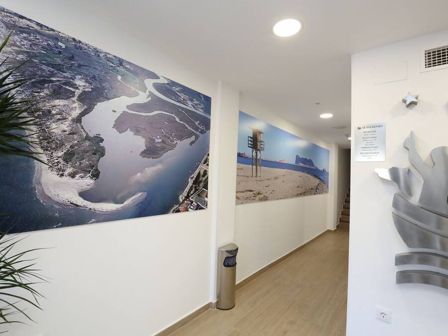 A hallway with a large mural of a coastal landscape, a reception desk, and a modern sculpture.