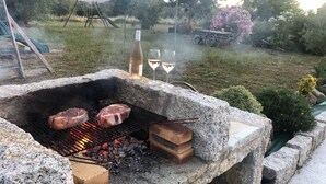 Un barbecue extérieur avec deux steaks en train de cuire sur des braises de charbon de bois, entouré de murs en pierre.