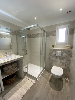 Shower, hair dryer, towels, soap