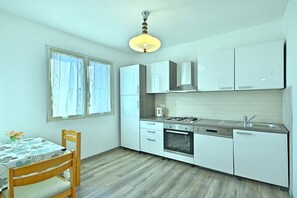 Fridge, stovetop, dishwasher, coffee/tea maker