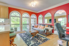 TV, fireplace, books