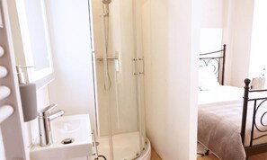 Shower, hair dryer, soap, toilet paper